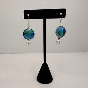 Blue Green Glass Wave Bead Dangle Drop Earrings Silver Tone Hook Wire Jewelry